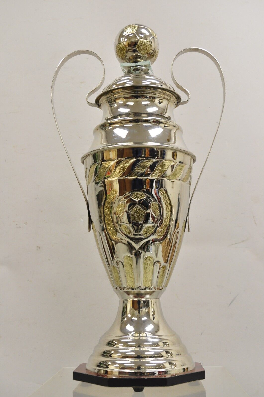 Large Modern Soccer Futbol Twin Handle Silver Metal Trophy Cup Award With Ball