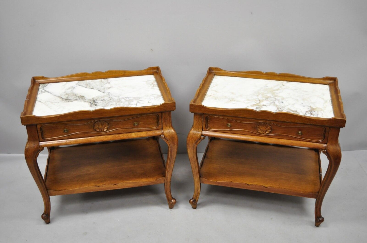 French Country Provincial Style Marble Top Shell Carved Danby End Tables - Pair