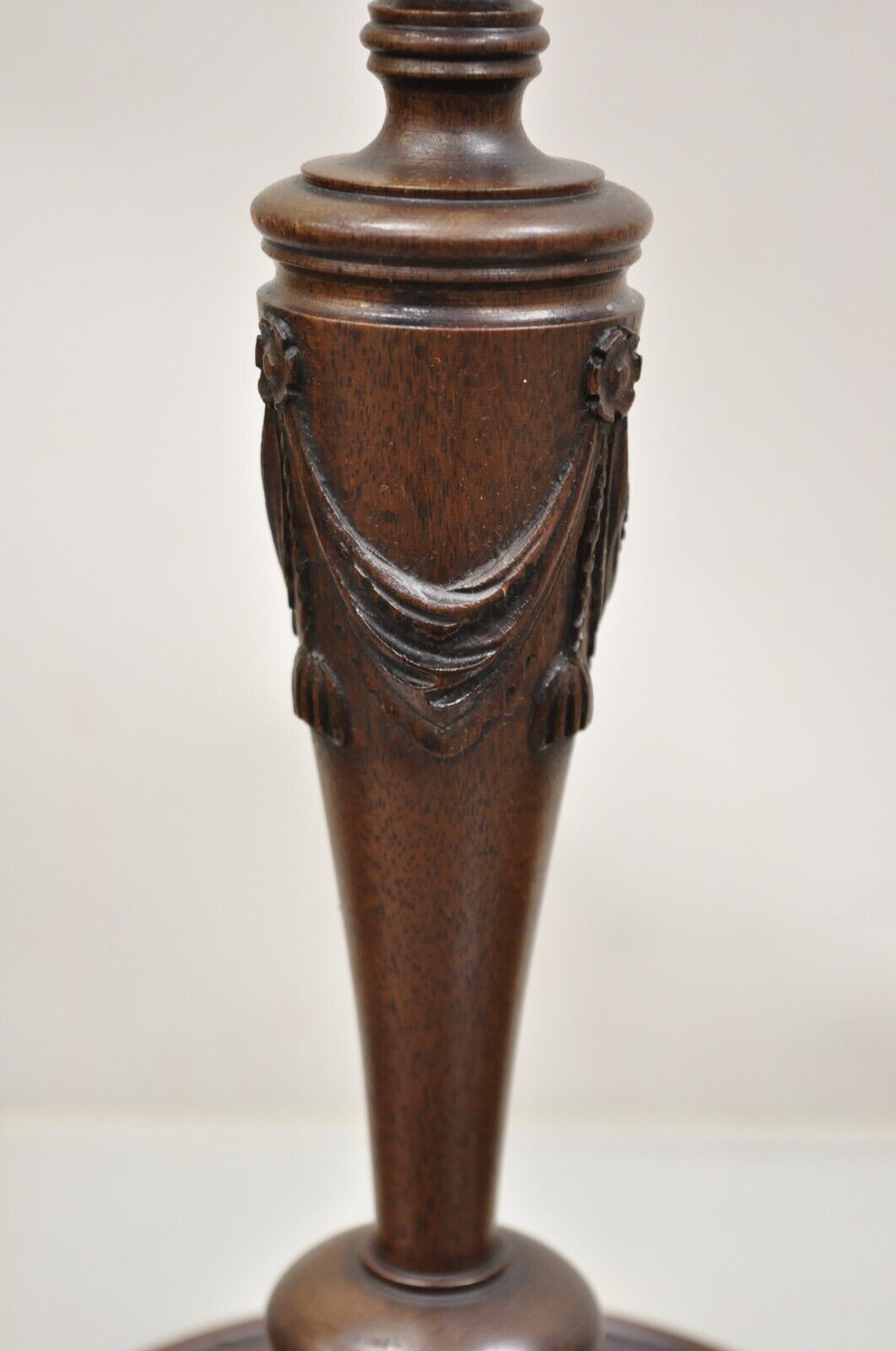 Antique English Edwardian Carved Mahogany Draped Single Candle Stick - Pair