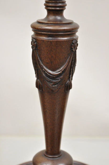 Antique English Edwardian Carved Mahogany Draped Single Candle Stick - Pair