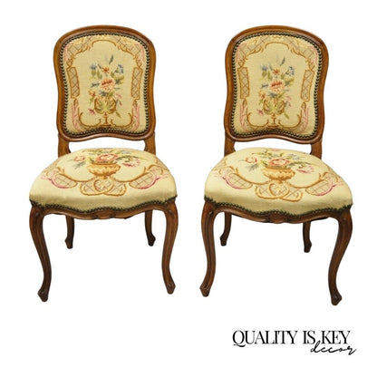 Antique French Provincial Louis XV Walnut Floral Needlepoint Side Chair - a Pair