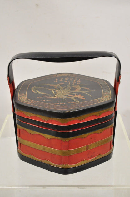 Vintage Chinese Black and Red Lacquer Floral Painted Lidded Wooden Basket Box