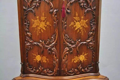 French Louis XV Small Walnut Floral Inlay Style Corner Curio China Cabinet