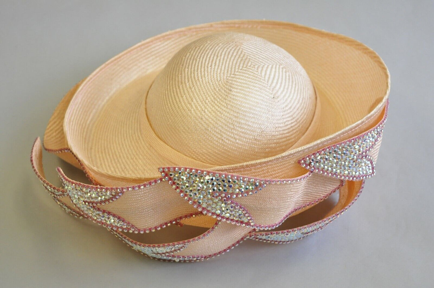 Vintage Jack McConnell Pink Iridescent Jewel Straw Flower Petal Church Derby Hat