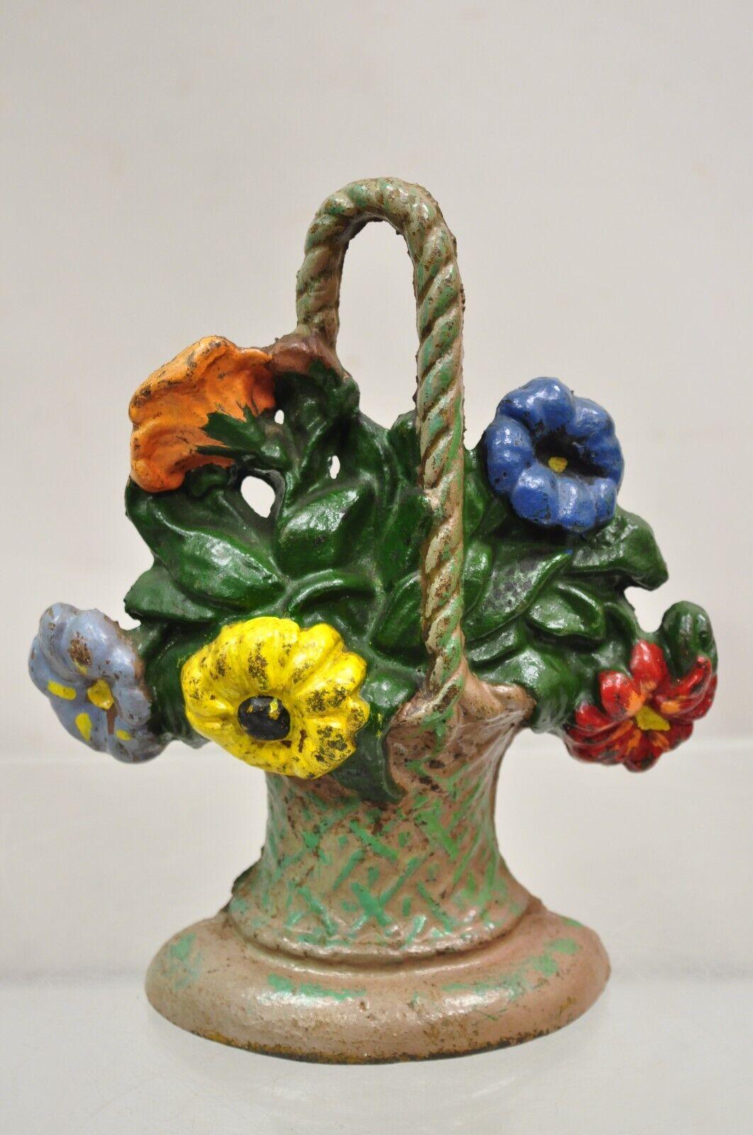 Antique Victorian Cast Iron Figural Floral Bouquet Basket Painted Door Stop