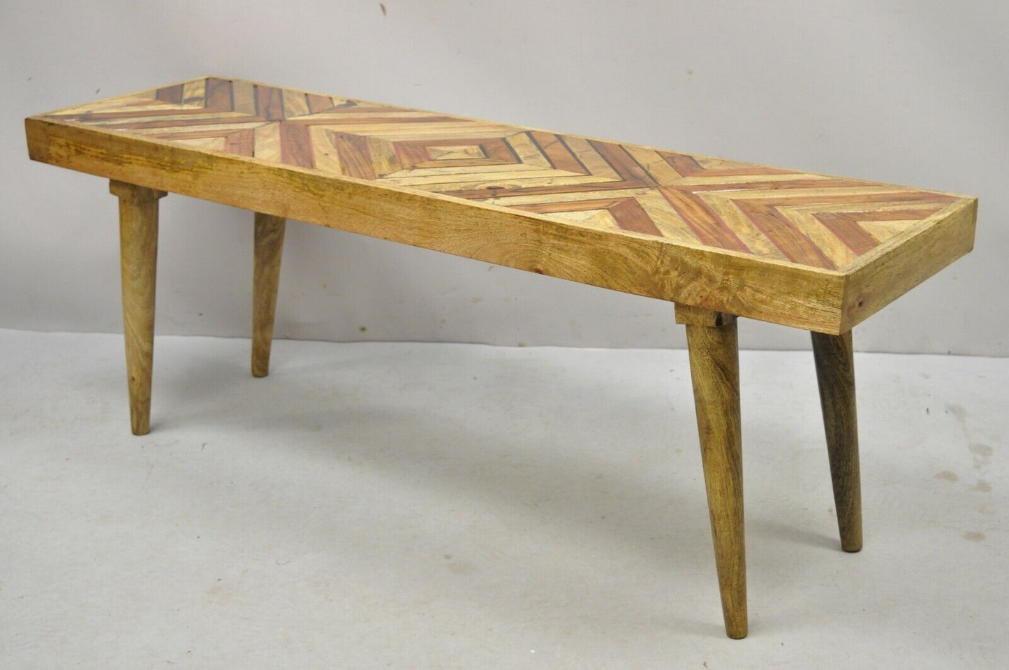 Modern Slatted Wood 48" Geometric Inlay Rustic Farmhouse Coffee Table Bench