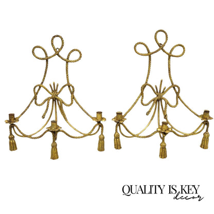 Italian Hollywood Regency Gold Gilt Rope Tassel Candle Holder Wall Sconce - Pair