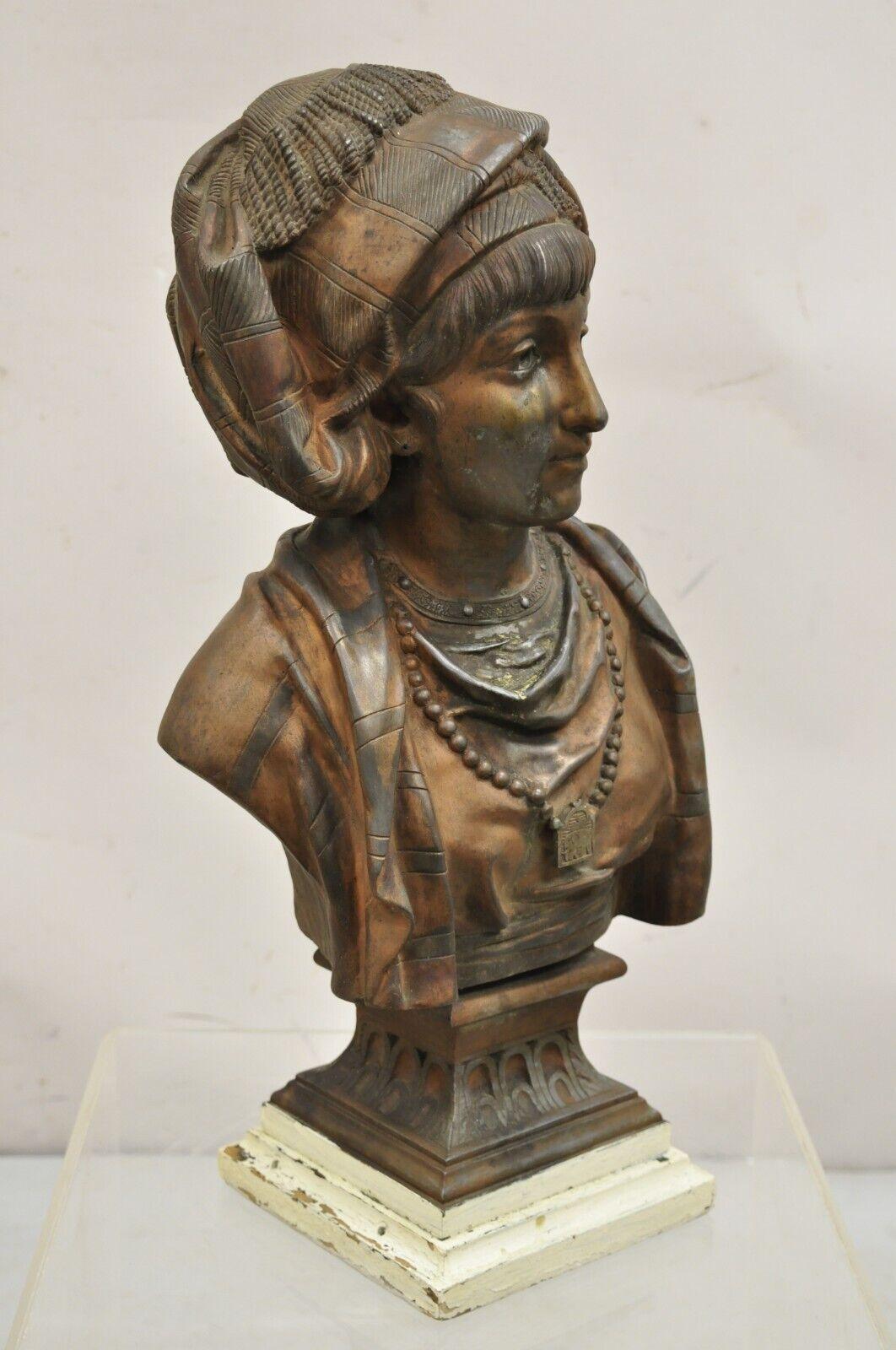 Antique E. Rousseau Cast Spelter Metal French Maiden Woman Bust Sculpture