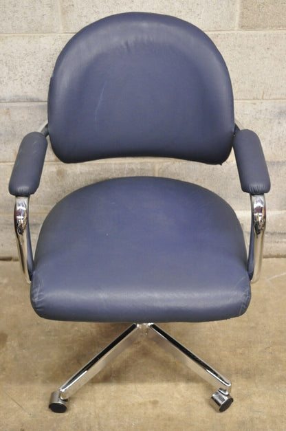 Vintage Chromcraft Mid Century Modern Blue Vinyl Rolling Office Desk Chair (A)