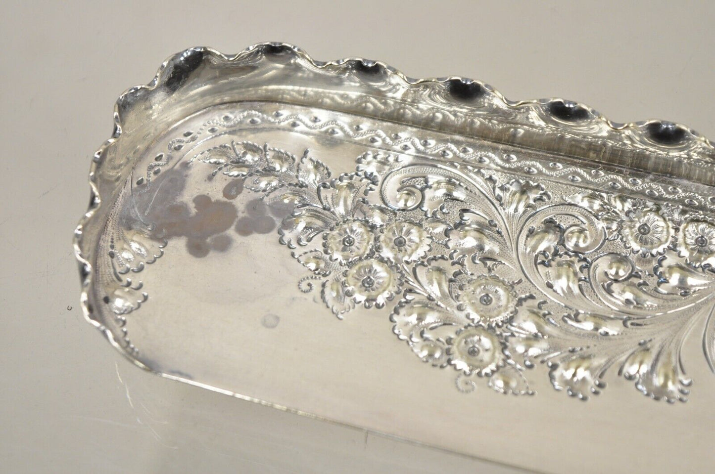 Antique English Victorian Floral Repousse Silver Plated Crumb Scoop Tray