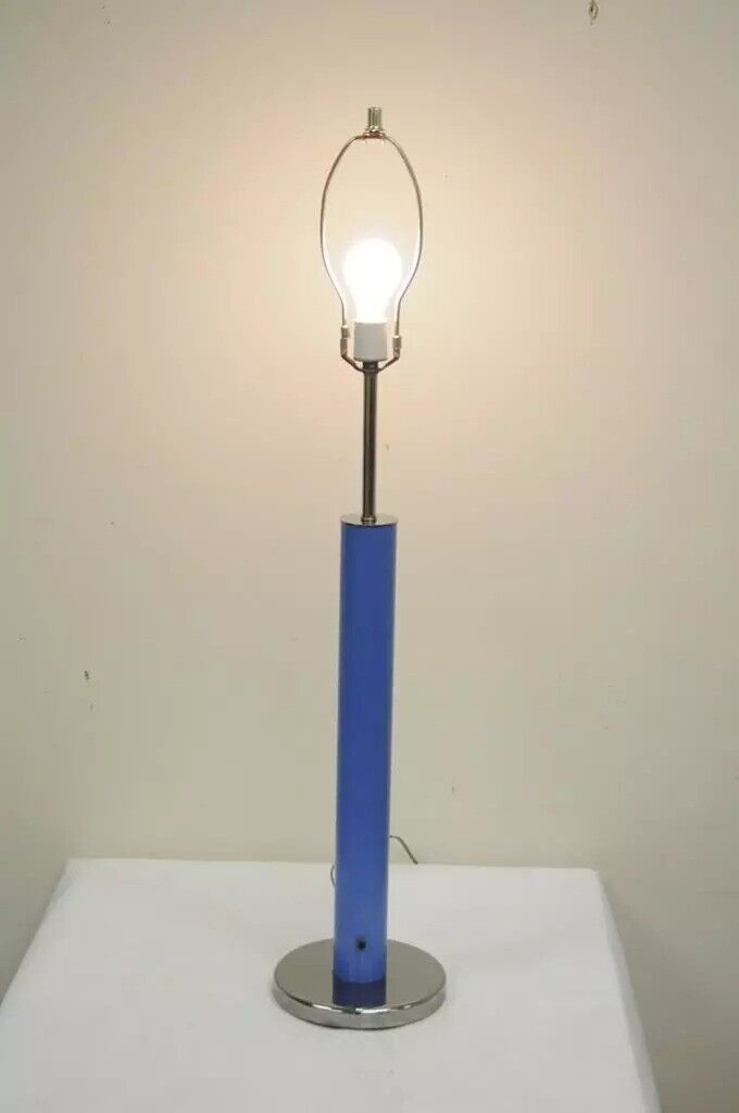 Vintage Mid Century Modern Modernist Blue Cylinder Chrome Table Lamp