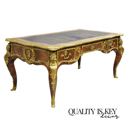 French Louis XV Style Figural Bronze Ormolu Leather Top Bureau Plat Writing Desk