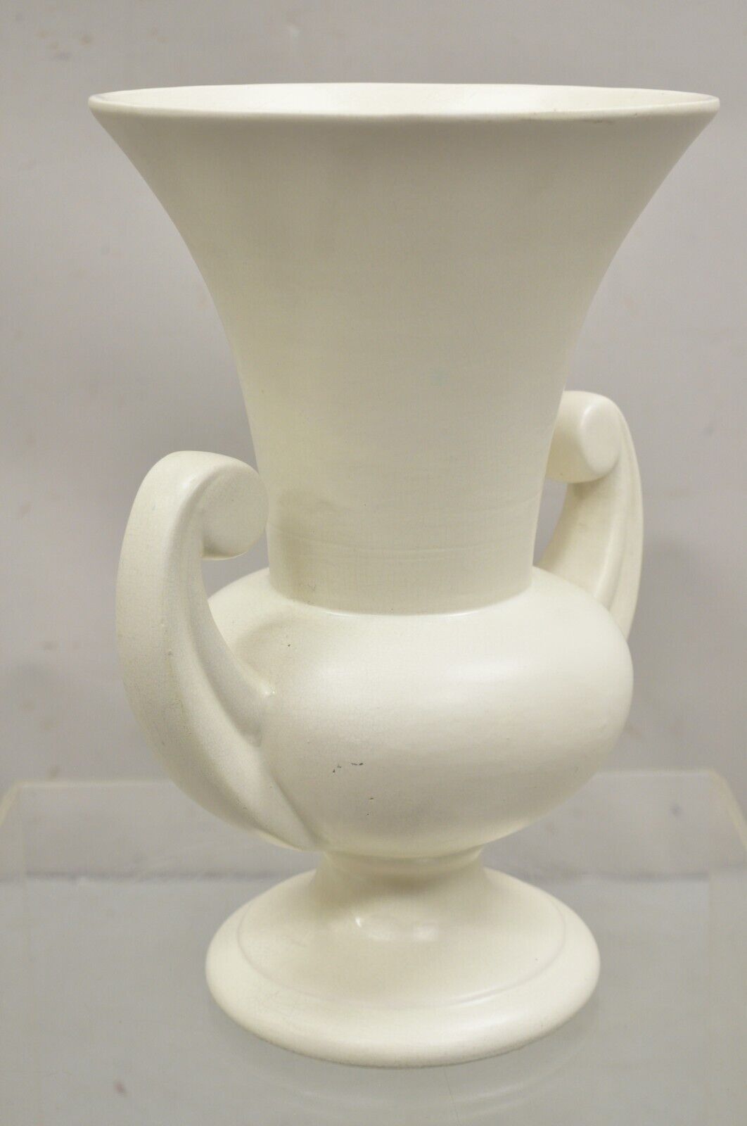 Vintage Art Deco White Glazed Ceramic Stoneware 15" Tall Twin Handle Vase