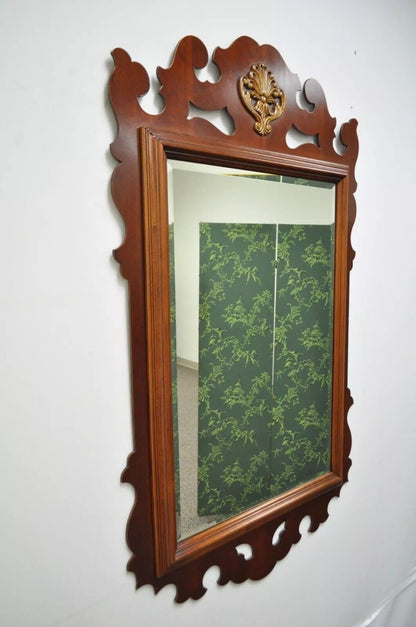 Vintage Chippendale Style Mahogany Fretwork Beveled Glass Wall Mirror