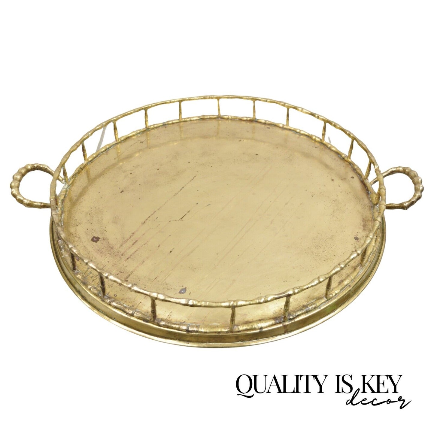 Vintage Hollywood Regency Faux Bamboo Solid Brass Round Serving Platter Tray