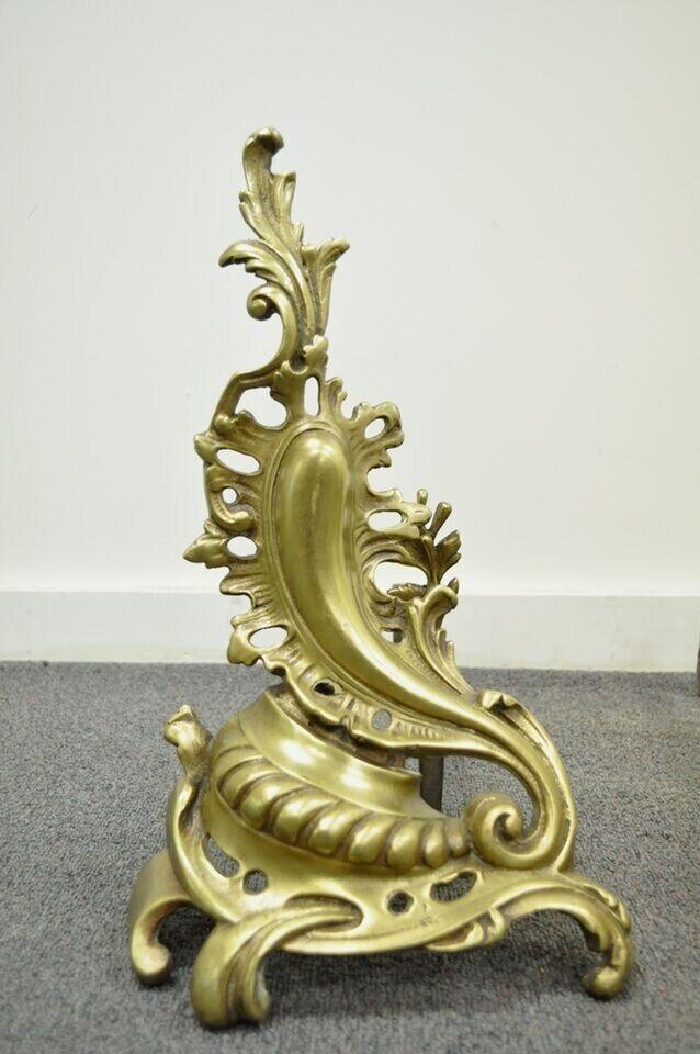 Antique French Louis XV Rococo Style Bronze Brass Acanthus Andirons - a Pair