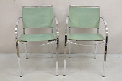 Italian Modern Naos Italy Teal Blue Leather Chrome "Corset" Arm Chairs - a Pair