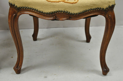 Antique French Provincial Louis XV Walnut Floral Needlepoint Side Chair - a Pair