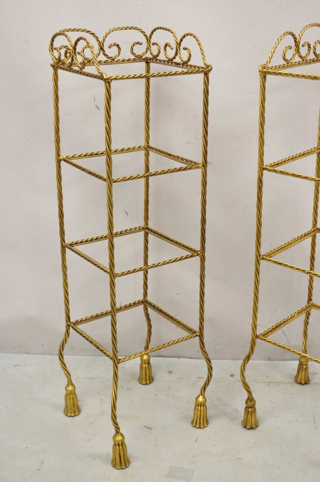 Italian Hollywood Regency Rope Tassel Gold 4 Tier Iron Display Rack Shelf - Pair