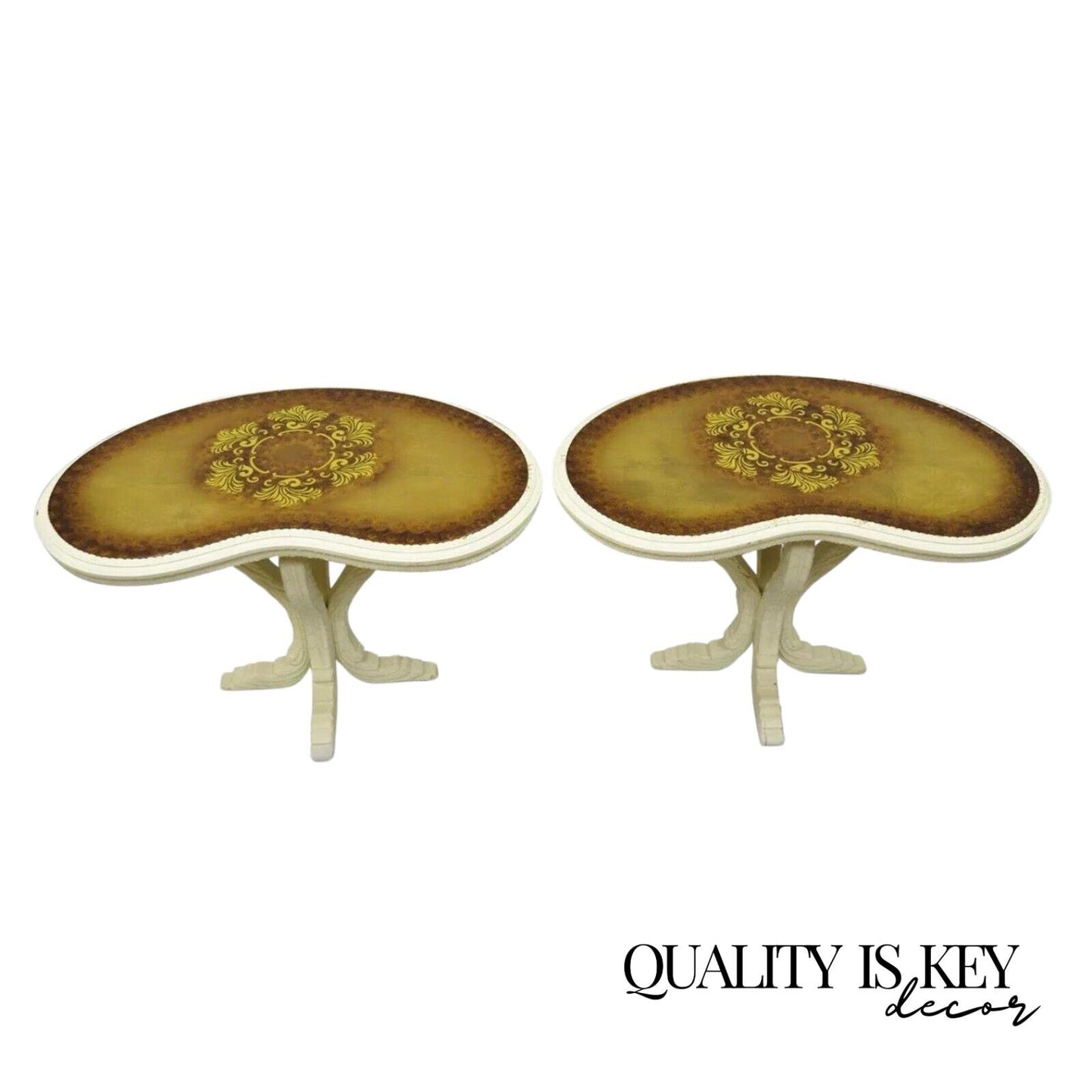 Vintage Hollywood Regency Gold Glass Kidney Shaped White Side Tables - a Pair