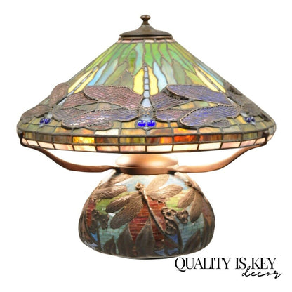 Tiffany Style Bronze and Leaded Stained Glass Blue Eye Dragonfly Table Lamp