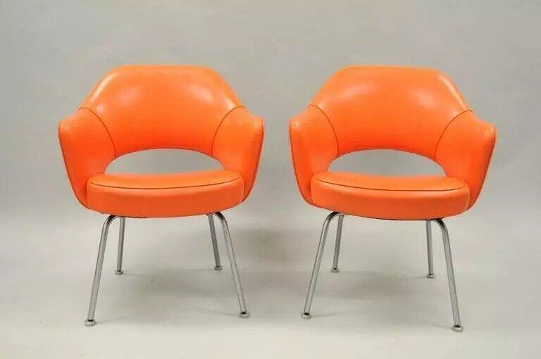 Early Vintage Eero Saarinen for Knoll Orange Vinyl Executive Arm Chairs - a Pair