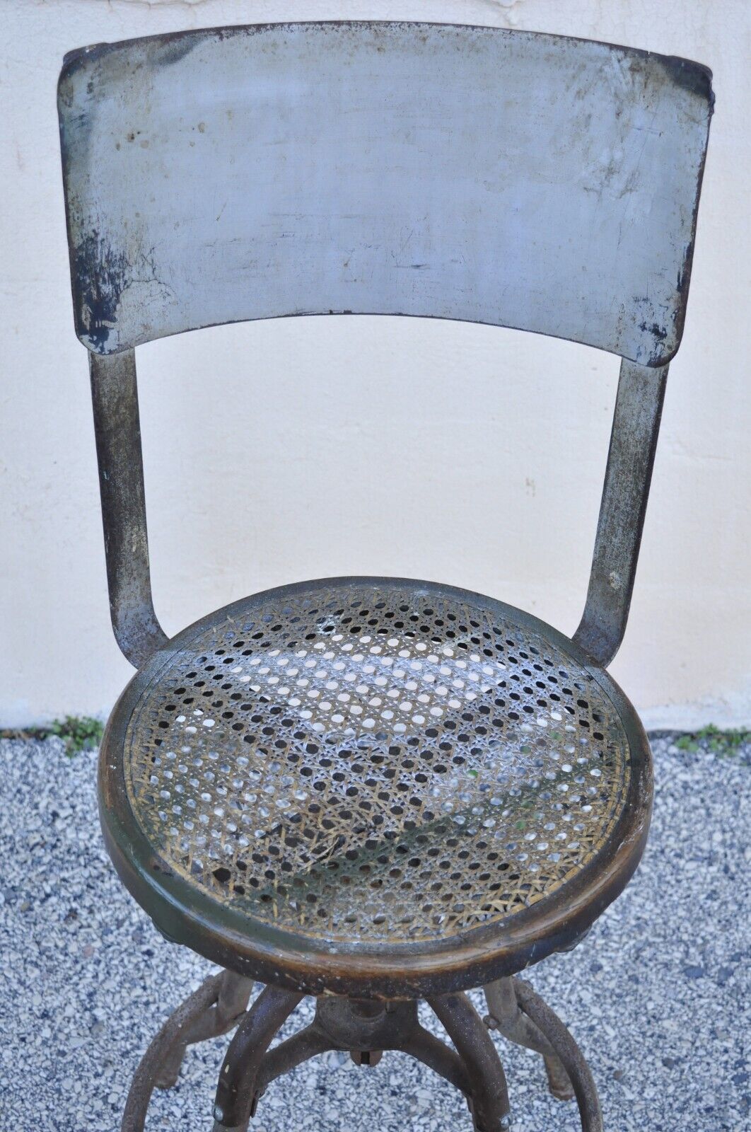 Antique American Industrial Metal Drafting Work Stool with Oak and Cane Seat