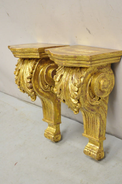 Gold Giltwood French Louis XV Style Wood Acanthus Corbel Large Wall Shelf Pair