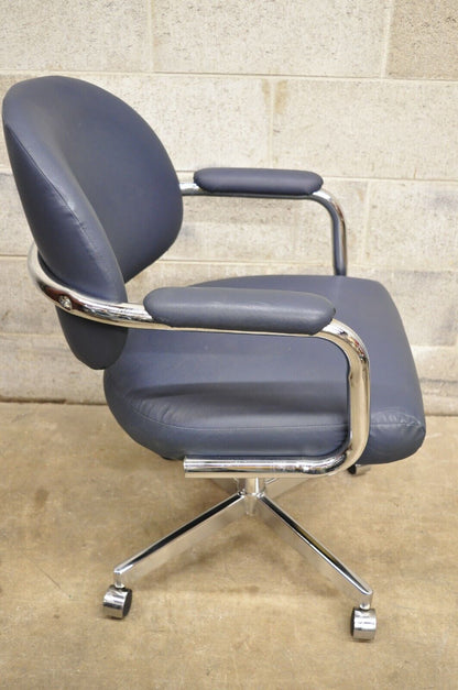 Vintage Chromcraft Mid Century Modern Blue Vinyl Rolling Office Desk Chair (A)