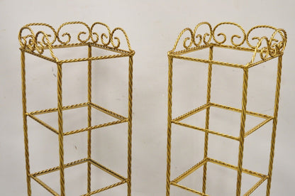 Italian Hollywood Regency Rope Tassel Gold 4 Tier Iron Display Rack Shelf - Pair