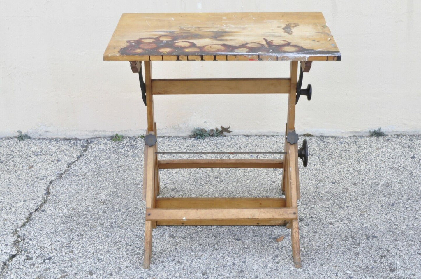 Antique American Industrial Small Drafting Table Work Desk Cast Iron Solid Wood