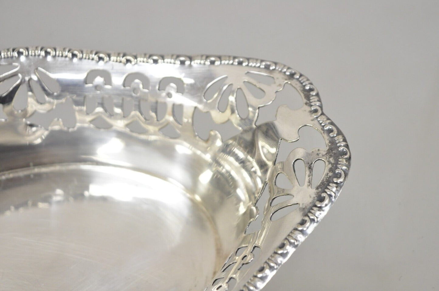 Vintage English Victorian Small Oval Silver Plated Pierced Gallery Trinket Dish