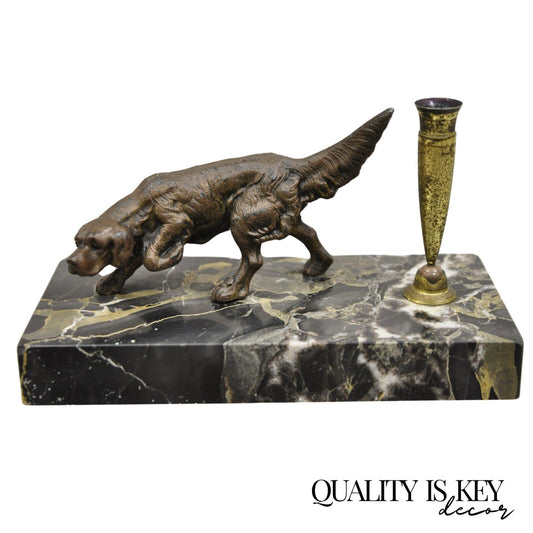 Vintage French Empire Bronze Hunting Dog Marble Base Desk Pen Holder