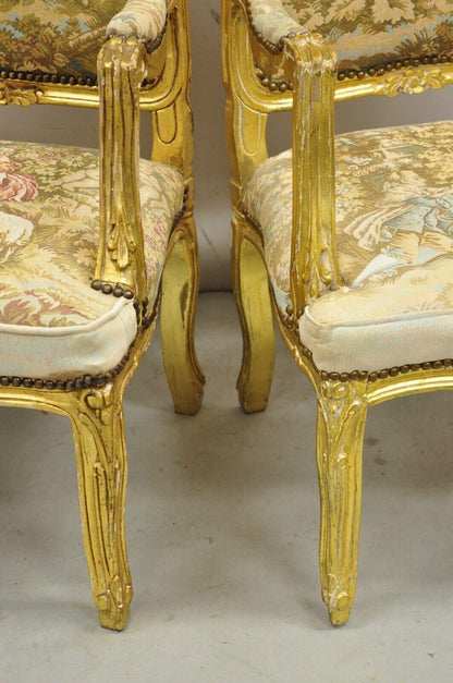 Vintage French Louis XV Style Gold Giltwood Tapestry Fabric Arm Chairs - a Pair