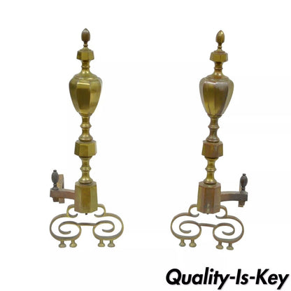 Antique American Federal Pointed Finial Brass Fireplace Andirons - a Pair