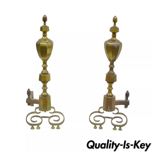 Antique American Federal Pointed Finial Brass Fireplace Andirons - a Pair