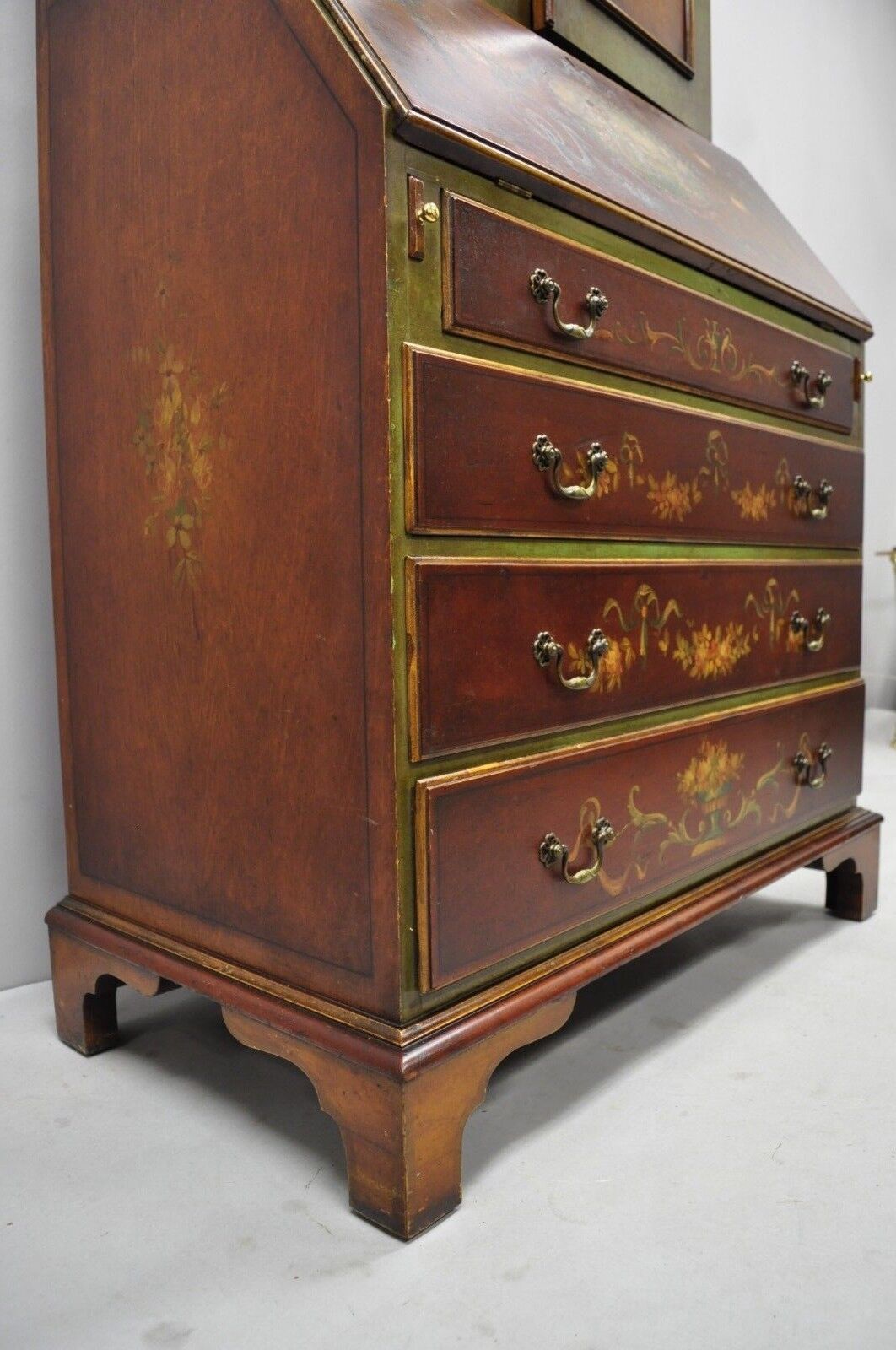 Early 20th C. English Adams Style Hand Painted Double Bonnet Top Secretary Desk