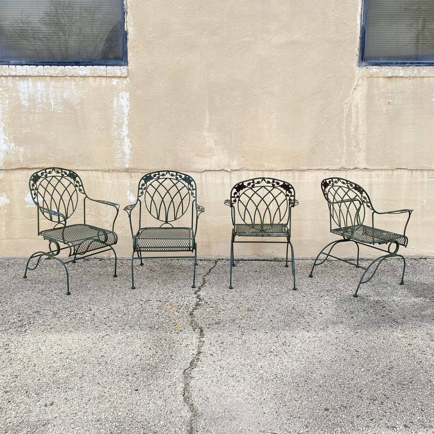 Wrought Iron Green Woodard Rose Style Garden Patio Springer Chairs - Set of 4