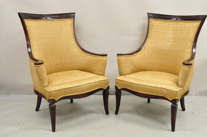 Vintage Hollywood Regency Drape Carved Mahogany Fireside Lounge Chairs - a Pair