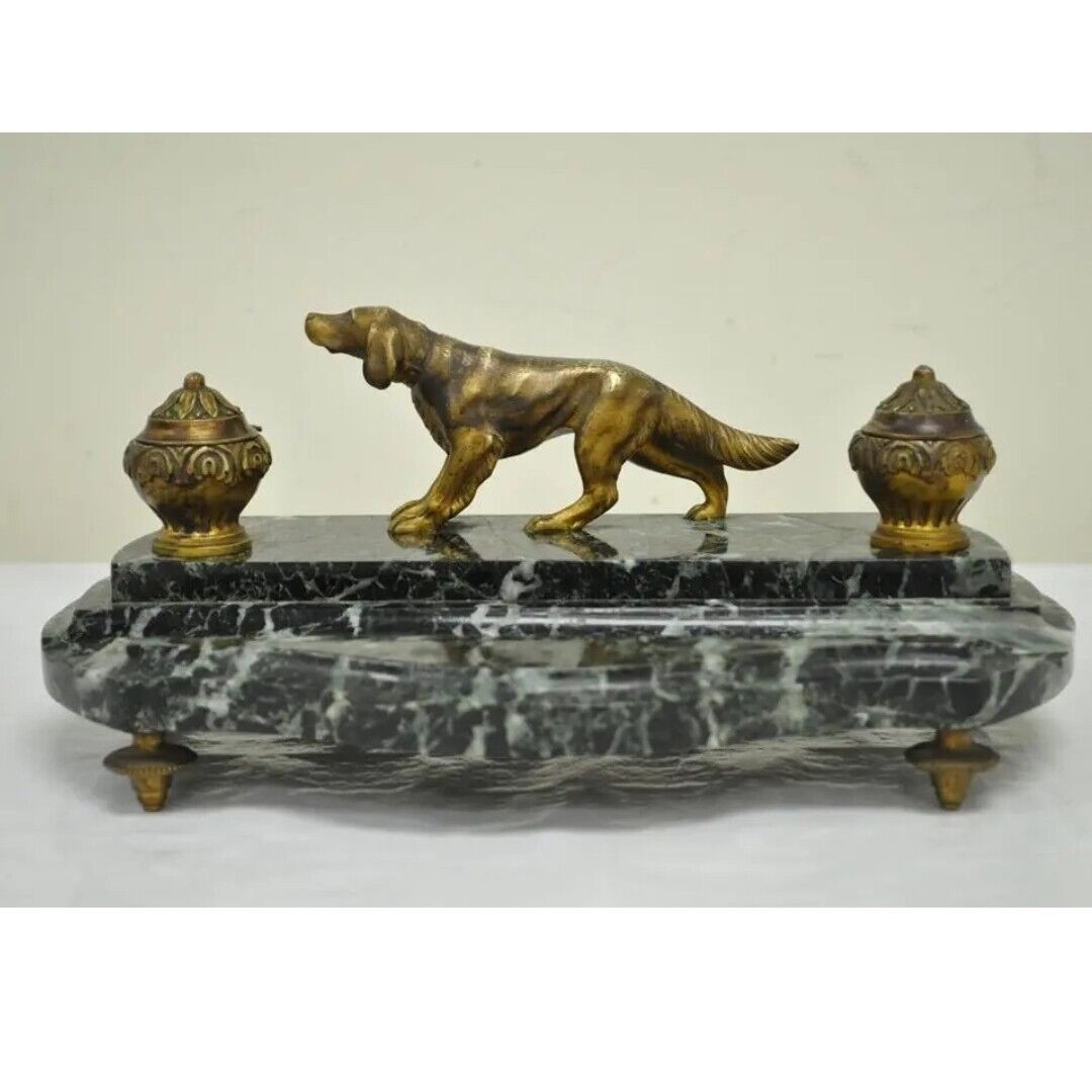 Antique French Empire Figural Bronze & Marble Hunting Dog Desk Double Inkwell