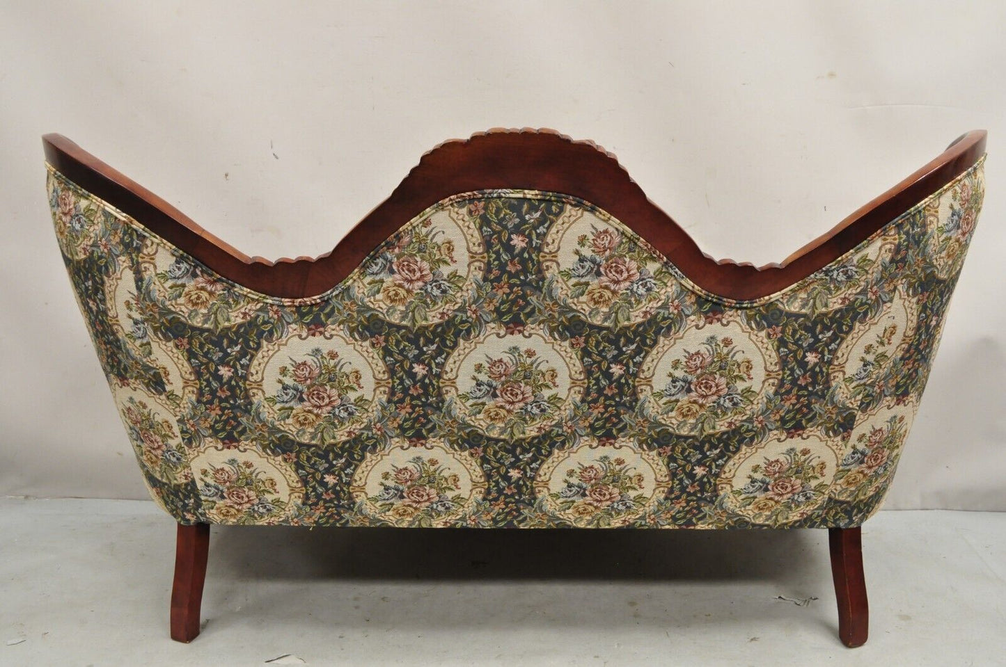 Vintage Victorian Style Cherry Wood Floral Tapestry High Cameo Back Sofa