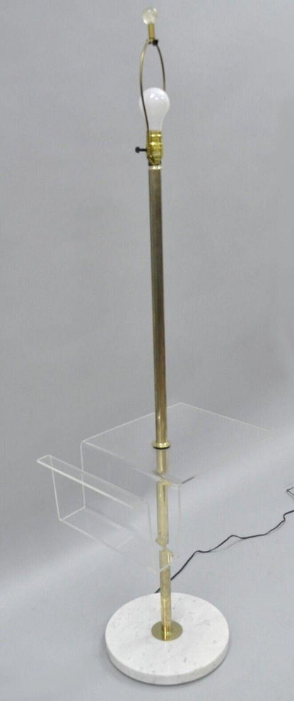 Vintage Mid Century Modern Brass Lucite Marble Floor Lamp w Magazine Table Rack