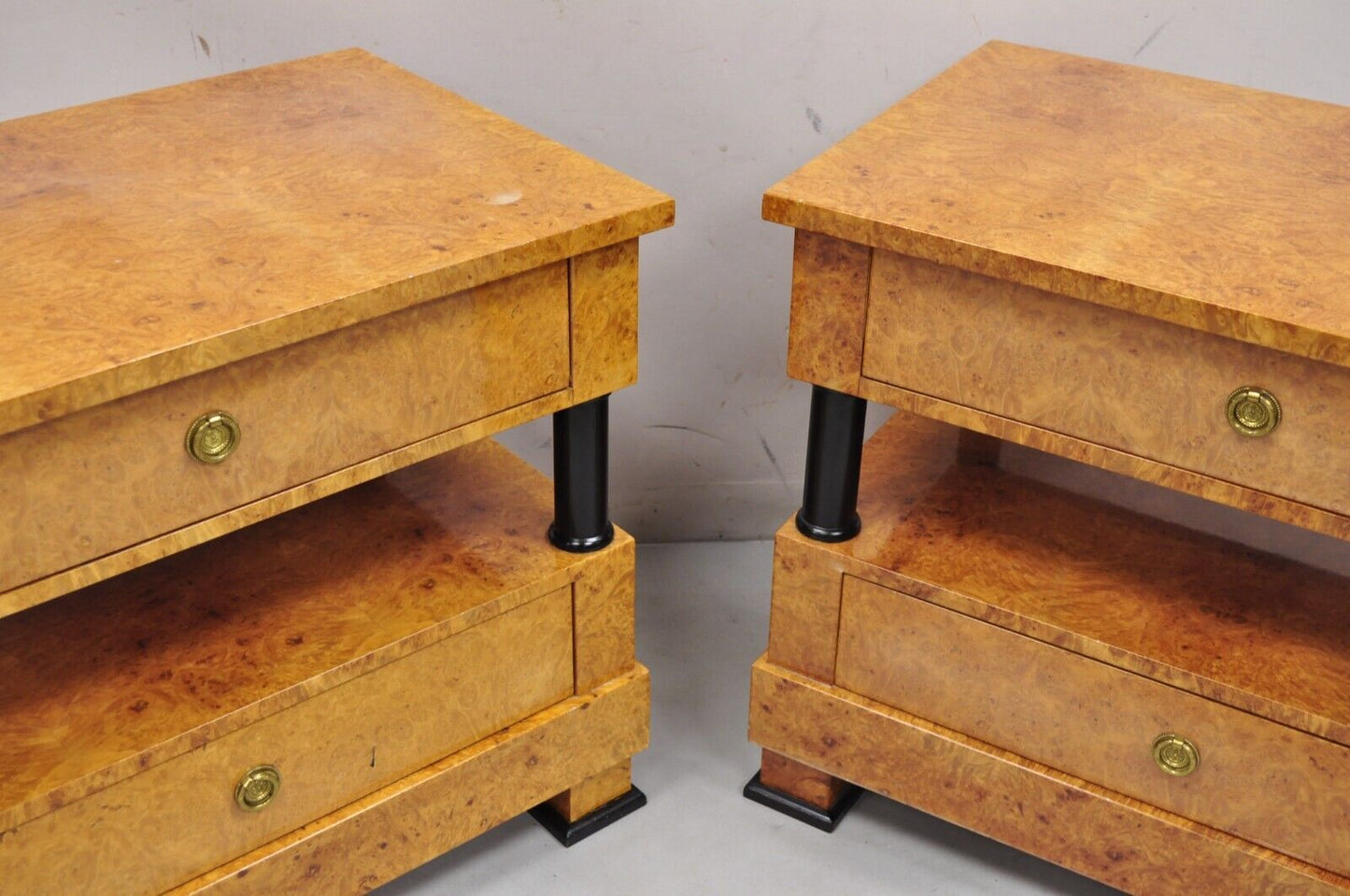 Vintage Casa Nova Italian Empire Style Burl Wood 2 Tier Nightstands - a Pair