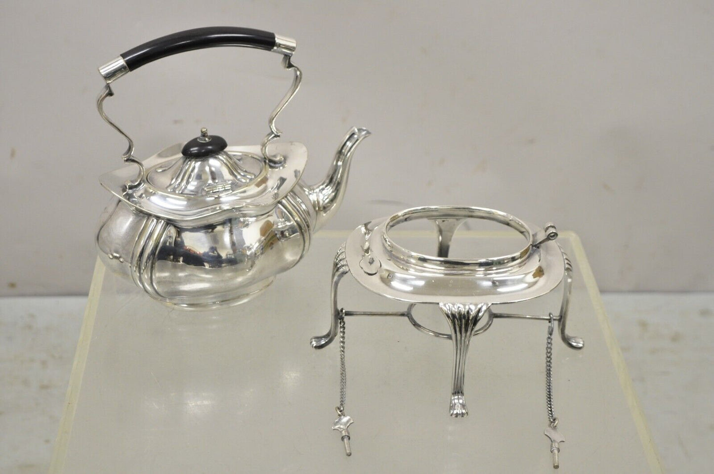 Buckingshire Sheffield England Silver Plated Victorian Tip Kettle and Stand