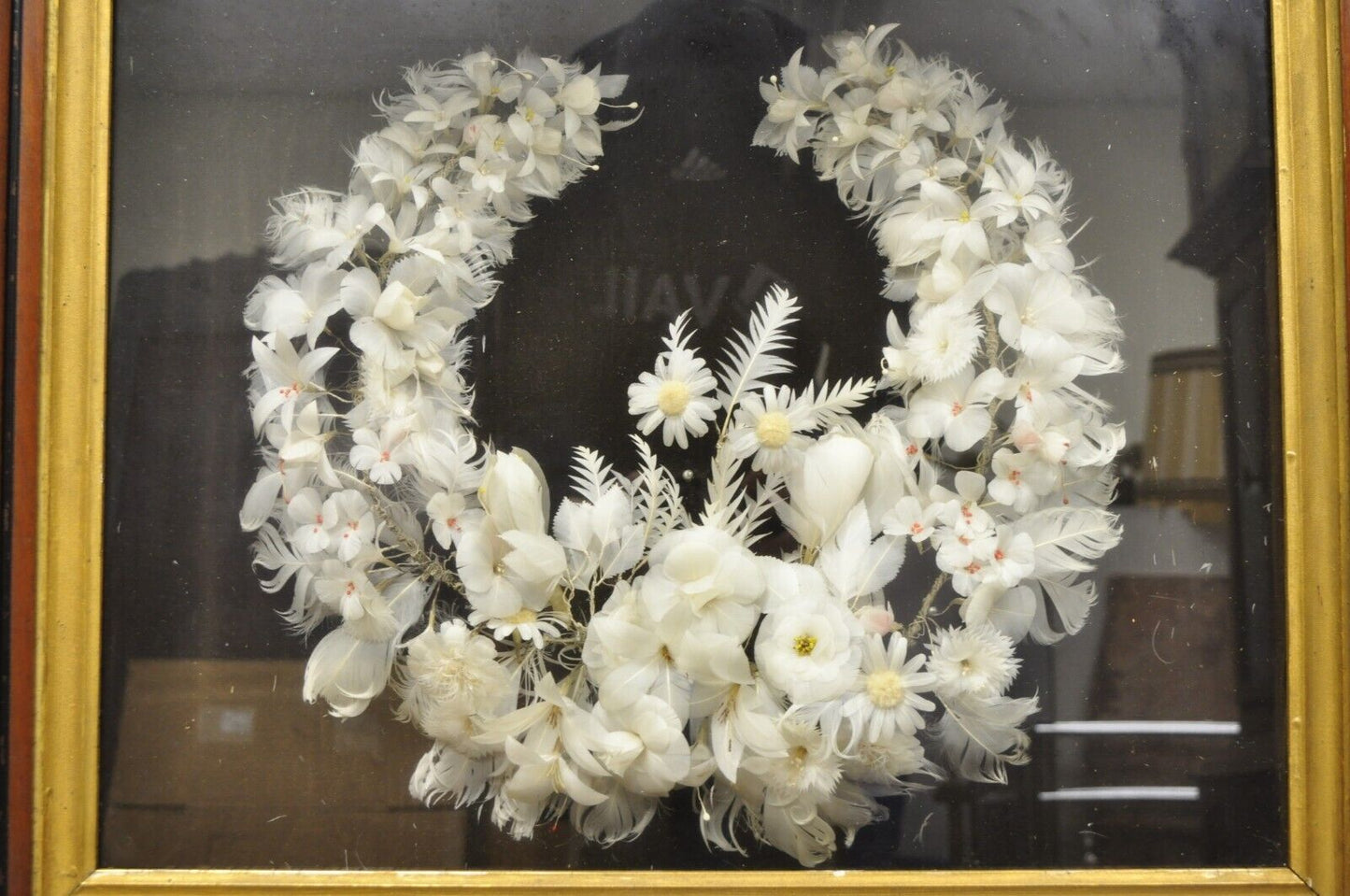 Antique Victorian White Feather Flower Mourning Wreath Mahogany Shadow Box Frame