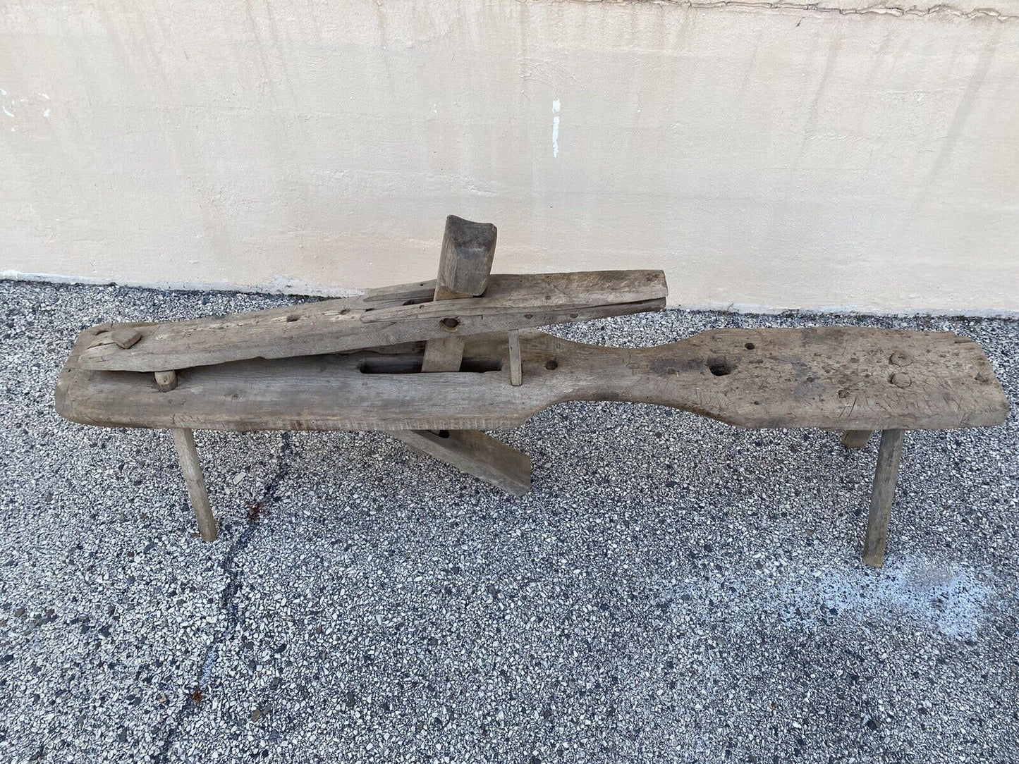 Antique Primitive Wooden Carpenters Shaving Shave Horse Long Work Bench Clamp