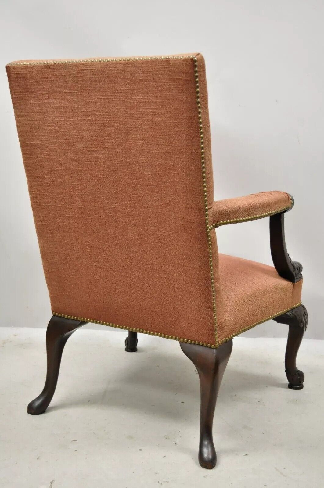 Antique Georgian Figural Dolphin Carved Mahogany Upholstered Library Arm Chair