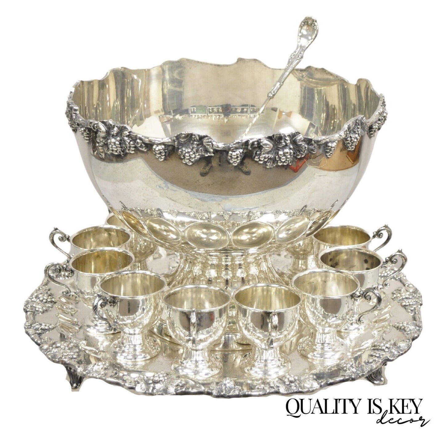 Vintage Victorian Style Silver Plated Grapevine Punch Bowl Set 12 Cups - 15 pcs