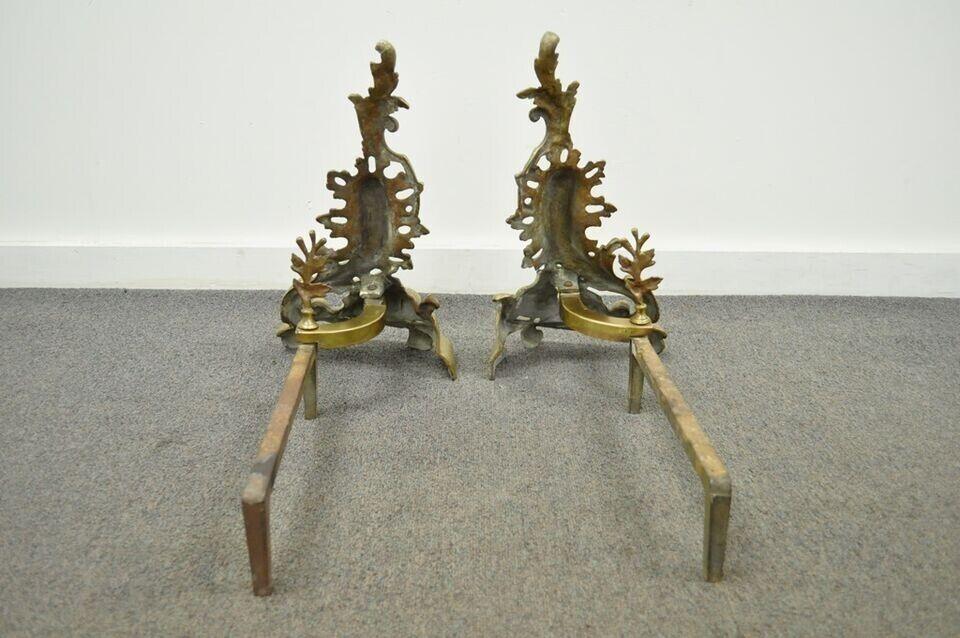 Antique French Louis XV Rococo Style Bronze Brass Acanthus Andirons - a Pair