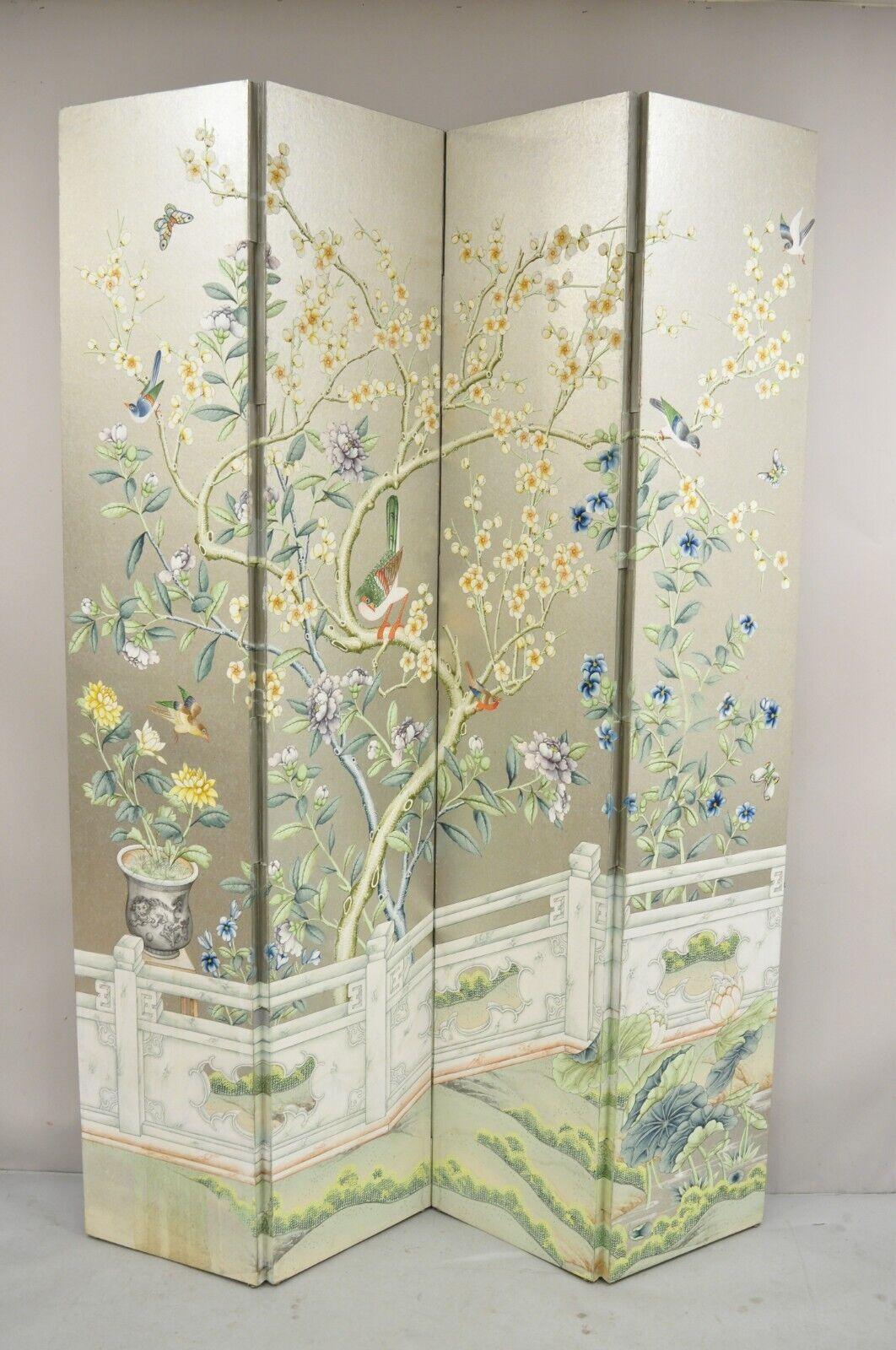 Vintage Chinoiserie Silver Leaf Birds Butterflies 4 Panel Screen Room Divider A